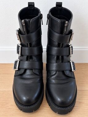 bp Black Triple-Buckle Combat Moto Boots